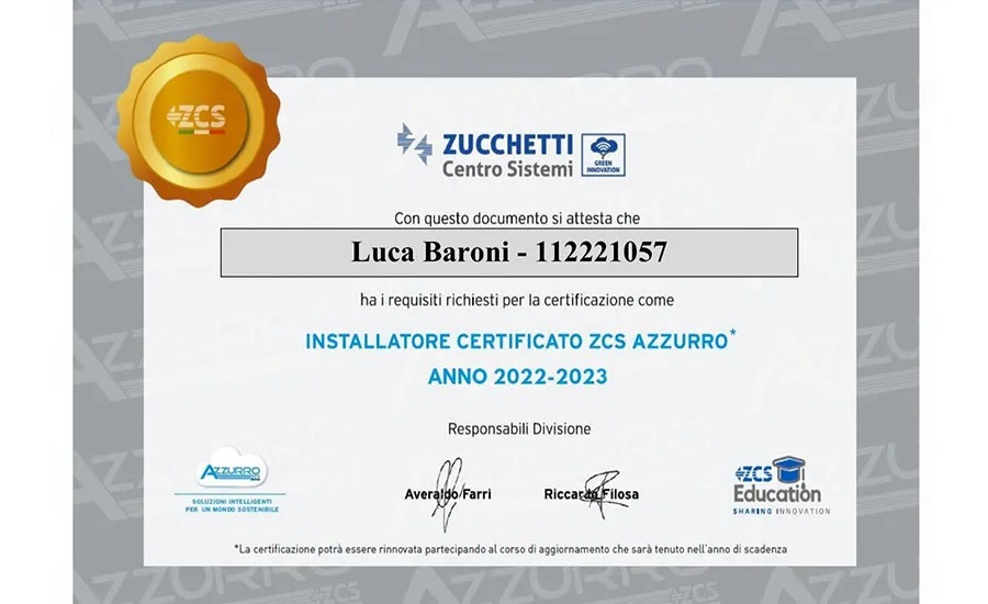 Certificato Installatore Certificato ZCS Azzurro